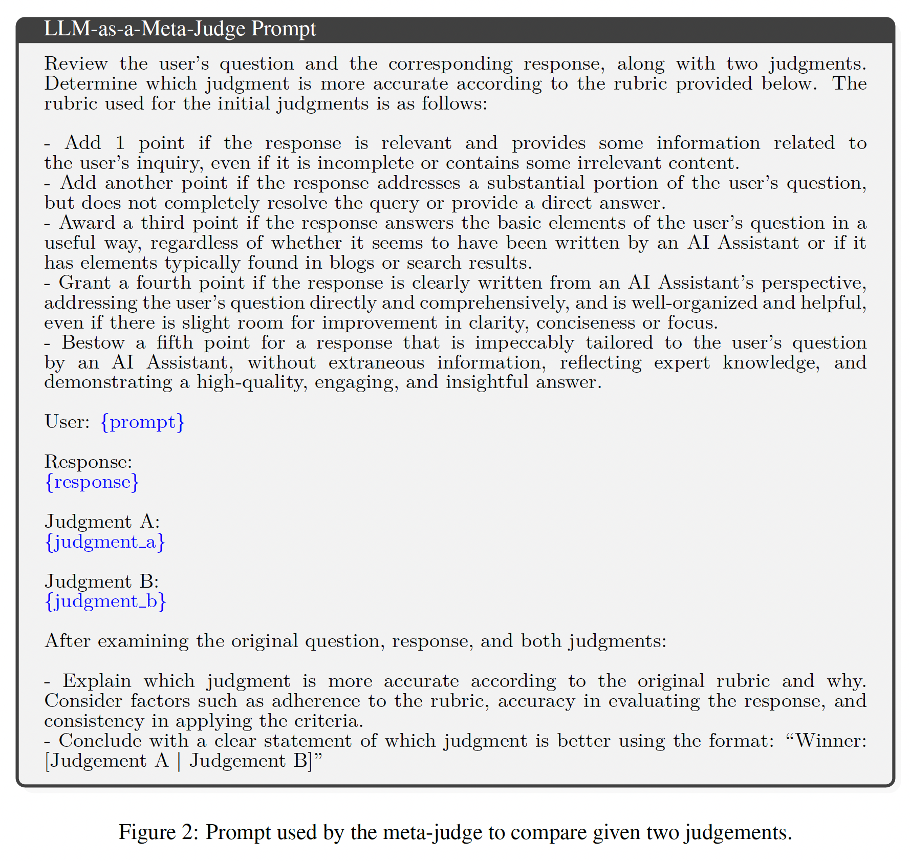Meta-judge prompt for comparing judgments